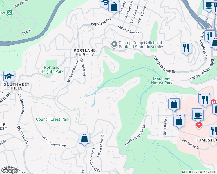 map of restaurants, bars, coffee shops, grocery stores, and more near 2610 Southwest Sherwood Drive in Portland