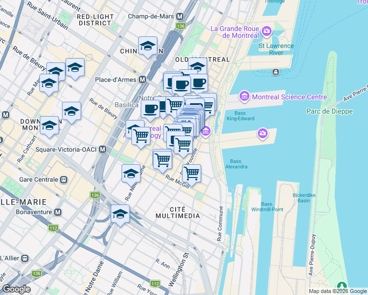 map of restaurants, bars, coffee shops, grocery stores, and more near 410 Rue Saint-Nicolas in Montréal