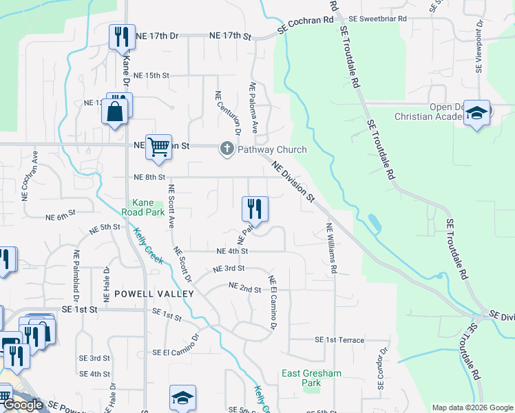 map of restaurants, bars, coffee shops, grocery stores, and more near 649 Northeast Paloma Avenue in Gresham
