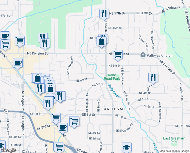 map of restaurants, bars, coffee shops, grocery stores, and more near 3115 Northeast 7th Court in Gresham
