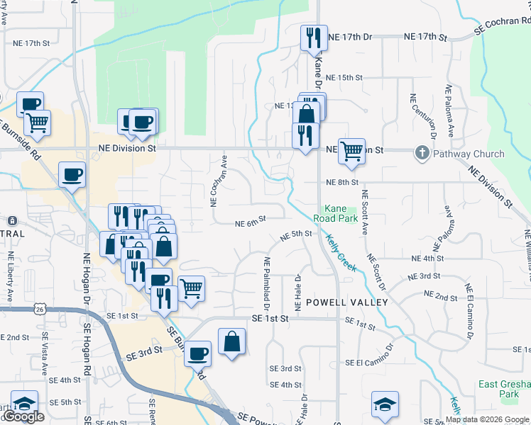 map of restaurants, bars, coffee shops, grocery stores, and more near 2879 Northeast 7th Street in Gresham