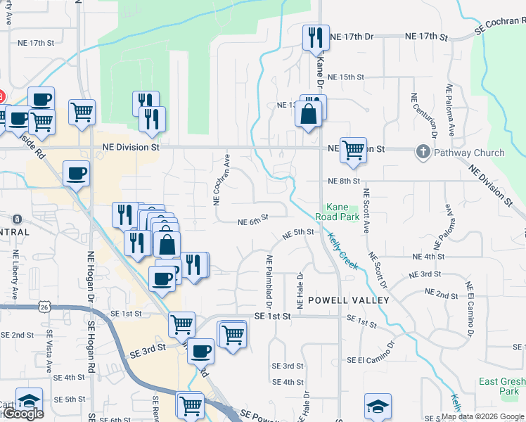 map of restaurants, bars, coffee shops, grocery stores, and more near 2879 Northeast 7th Street in Gresham