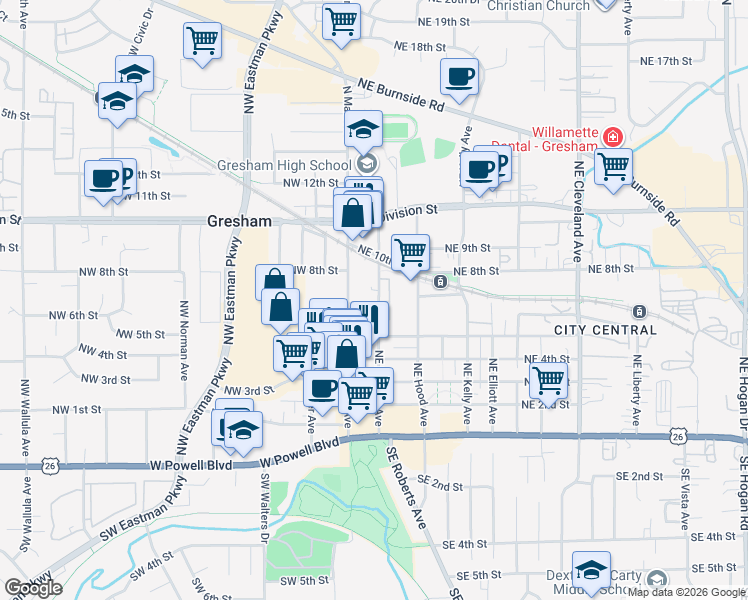 map of restaurants, bars, coffee shops, grocery stores, and more near 719 Northeast Roberts Avenue in Gresham