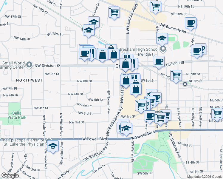 map of restaurants, bars, coffee shops, grocery stores, and more near 740 Northwest Norman Avenue in Gresham