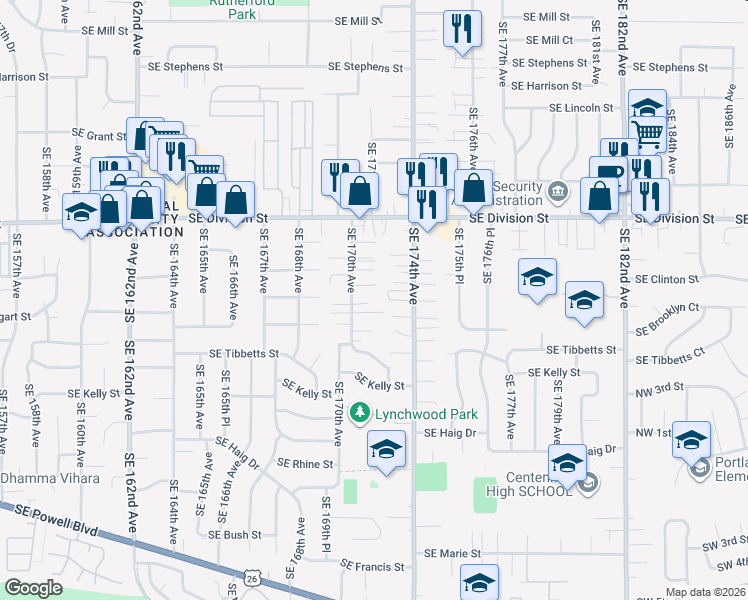 map of restaurants, bars, coffee shops, grocery stores, and more near 2758 Southeast 170th Avenue in Portland