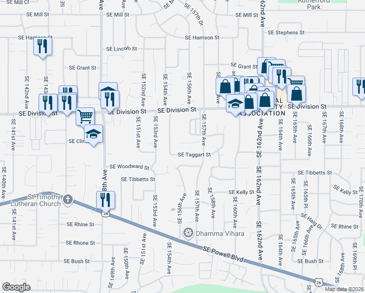 map of restaurants, bars, coffee shops, grocery stores, and more near 15505 Southeast Clinton Court in Portland