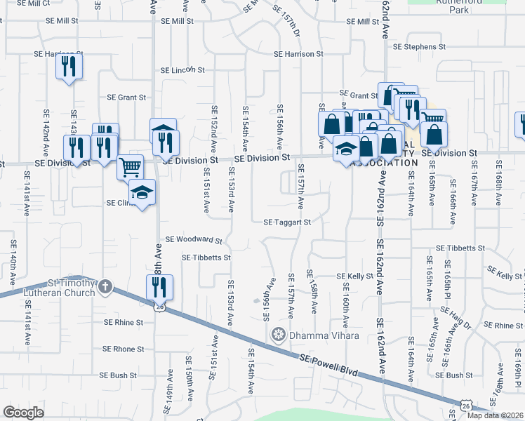 map of restaurants, bars, coffee shops, grocery stores, and more near 15505 Southeast Clinton Court in Portland