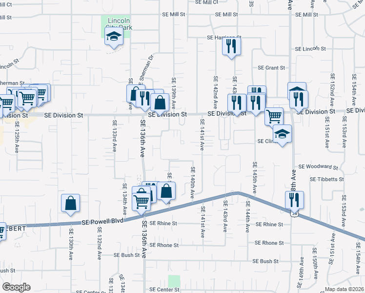 map of restaurants, bars, coffee shops, grocery stores, and more near 2715 Southeast 141st Avenue in Portland