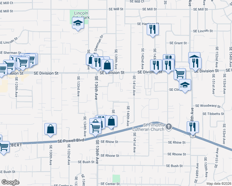 map of restaurants, bars, coffee shops, grocery stores, and more near 2702 Southeast 138th Avenue in Portland