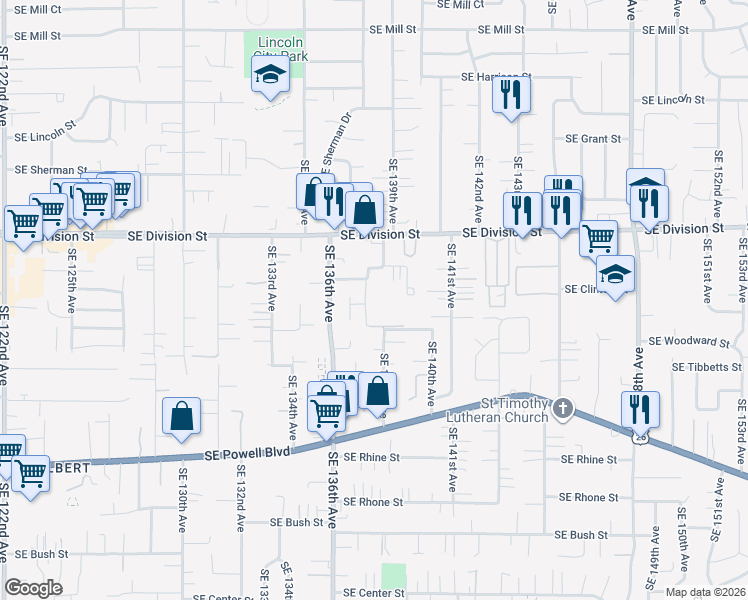map of restaurants, bars, coffee shops, grocery stores, and more near 2702 Southeast 138th Avenue in Portland