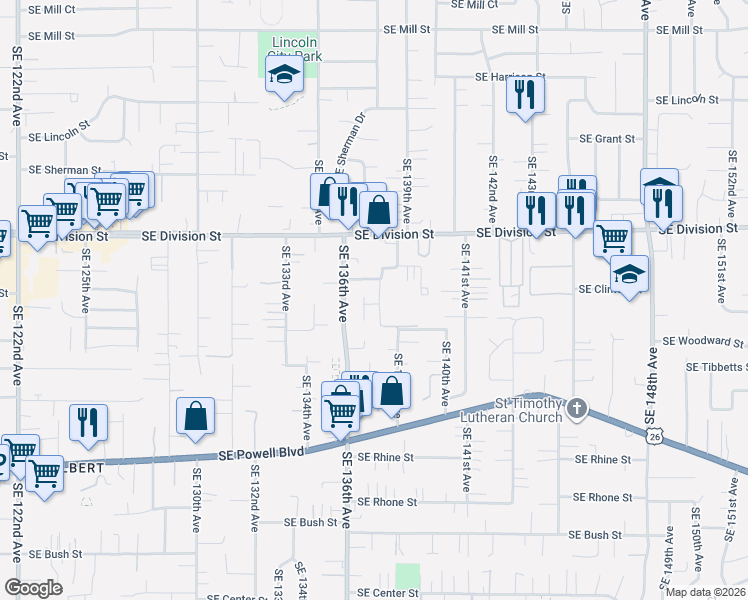 map of restaurants, bars, coffee shops, grocery stores, and more near 2712 Southeast 136th Place in Portland