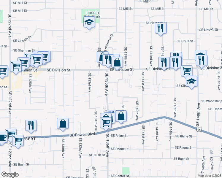 map of restaurants, bars, coffee shops, grocery stores, and more near 2712 Southeast 136th Place in Portland