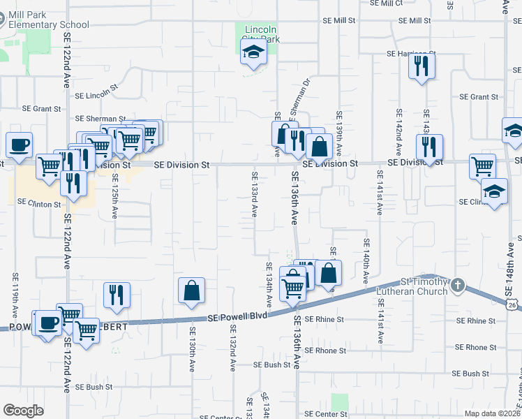 map of restaurants, bars, coffee shops, grocery stores, and more near 2710 Southeast 133rd Avenue in Portland