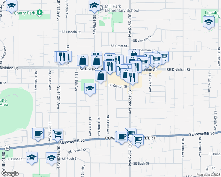 map of restaurants, bars, coffee shops, grocery stores, and more near 2641 Southeast 119th Avenue in Portland
