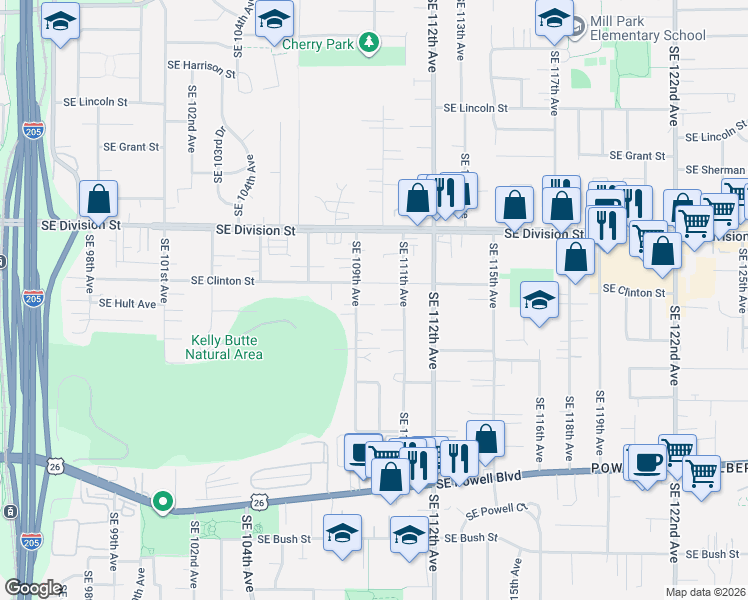 map of restaurants, bars, coffee shops, grocery stores, and more near 11022 Southeast Clinton Street in Portland
