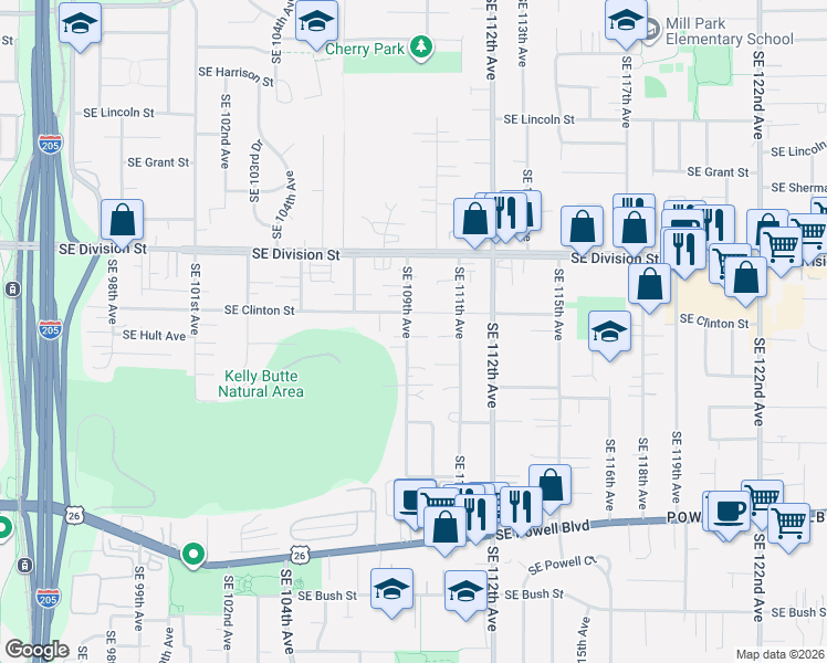 map of restaurants, bars, coffee shops, grocery stores, and more near 10840 Southeast Clinton Street in Portland