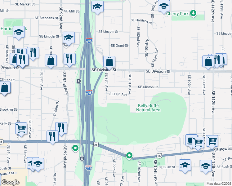 map of restaurants, bars, coffee shops, grocery stores, and more near 9822 Southeast Clinton Street in Portland
