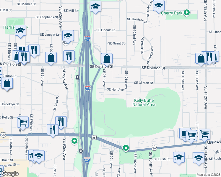 map of restaurants, bars, coffee shops, grocery stores, and more near 9822 Southeast Clinton Street in Portland
