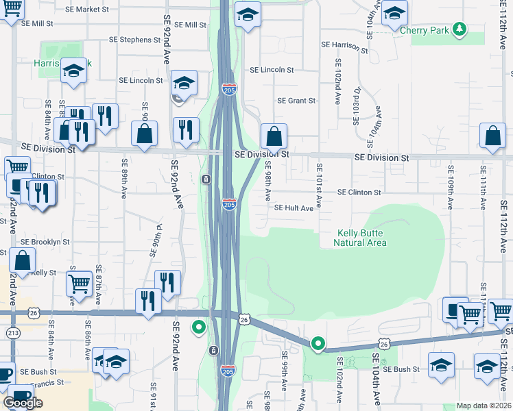 map of restaurants, bars, coffee shops, grocery stores, and more near 2715 Southeast 98th Avenue in Portland