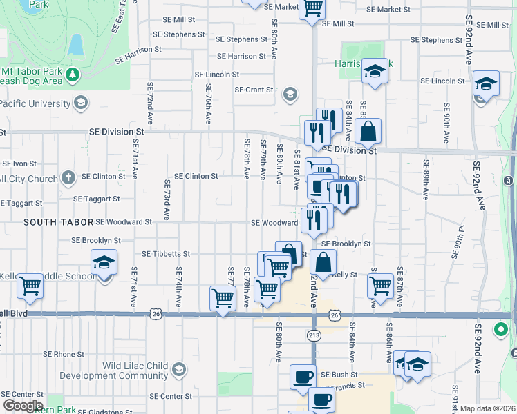 map of restaurants, bars, coffee shops, grocery stores, and more near 7921-7923 Southeast Taggart Court in Portland