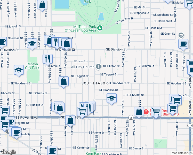 map of restaurants, bars, coffee shops, grocery stores, and more near 2749 Southeast 67th Avenue in Portland