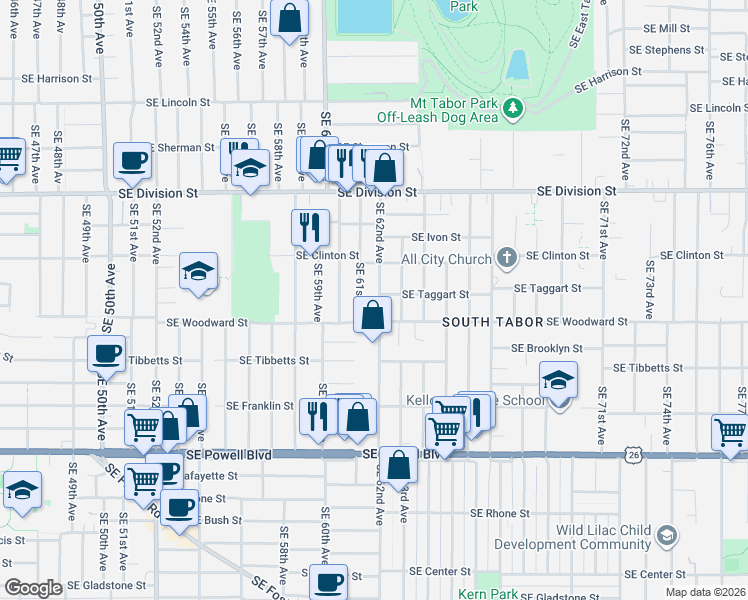 map of restaurants, bars, coffee shops, grocery stores, and more near 2813 Southeast 62nd Avenue in Portland