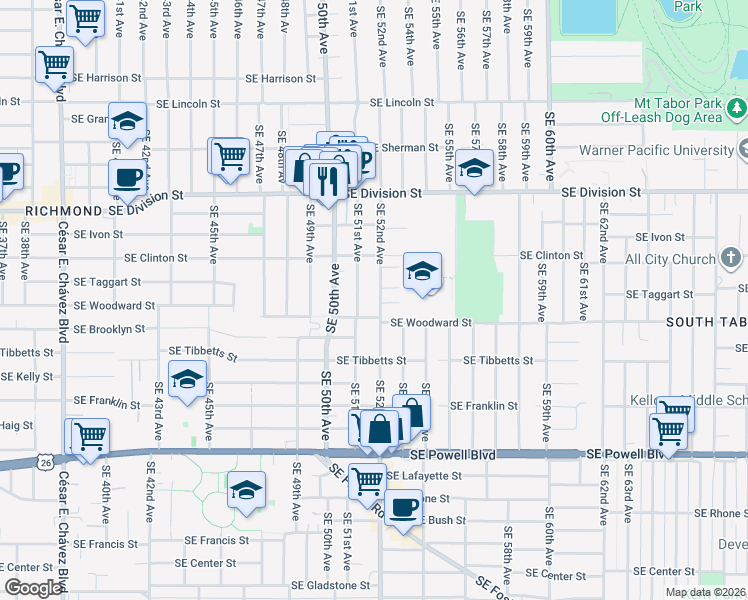 map of restaurants, bars, coffee shops, grocery stores, and more near 2820 Southeast 51st Avenue in Portland