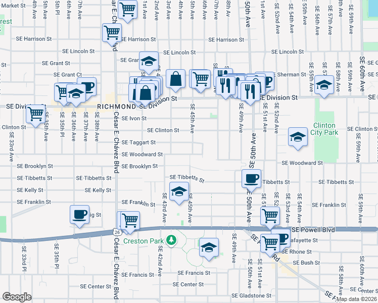 map of restaurants, bars, coffee shops, grocery stores, and more near 2806 Southeast 45th Avenue in Portland