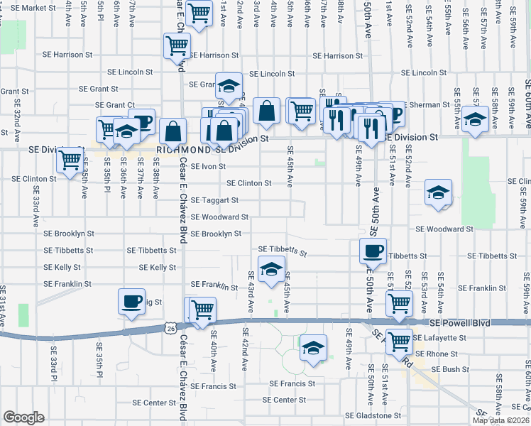 map of restaurants, bars, coffee shops, grocery stores, and more near 4318 Southeast Taggart Street in Portland