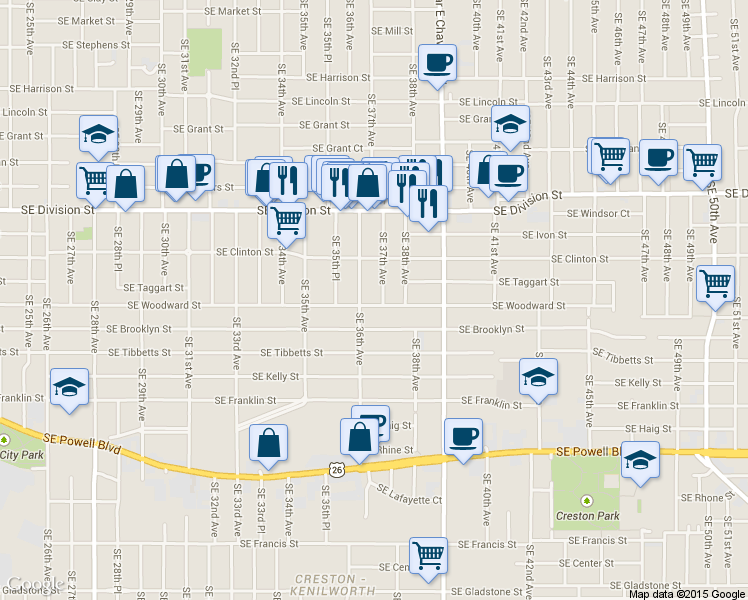 map of restaurants, bars, coffee shops, grocery stores, and more near 2802 Southeast 37th Avenue in Portland