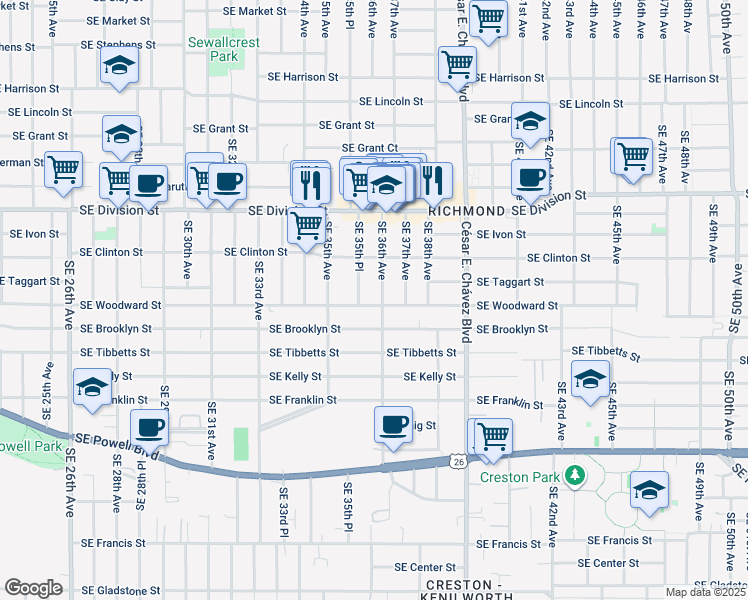 map of restaurants, bars, coffee shops, grocery stores, and more near 2805 Southeast 36th Avenue in Portland