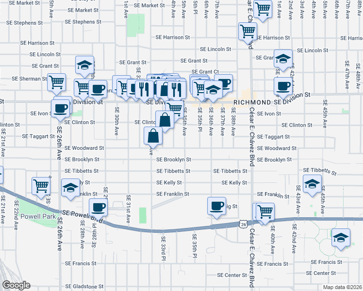 map of restaurants, bars, coffee shops, grocery stores, and more near 2812 Southeast 34th Avenue in Portland