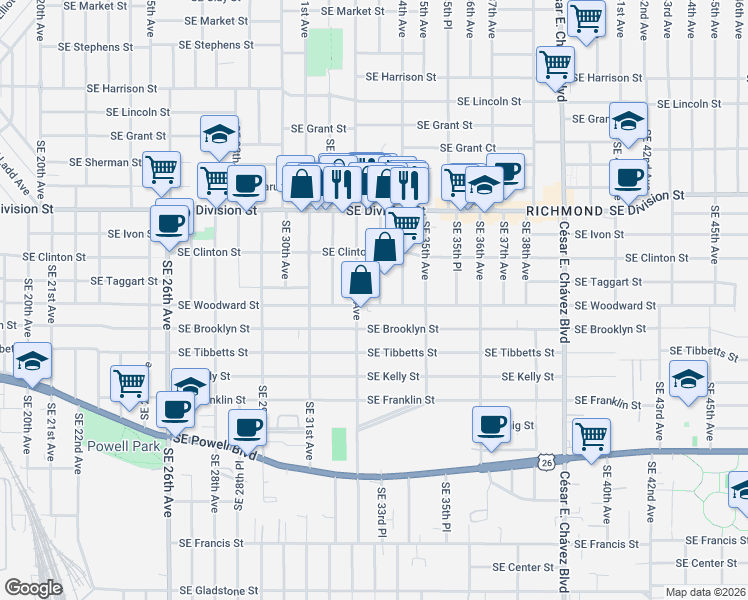 map of restaurants, bars, coffee shops, grocery stores, and more near 2803 Southeast 33rd Place in Portland