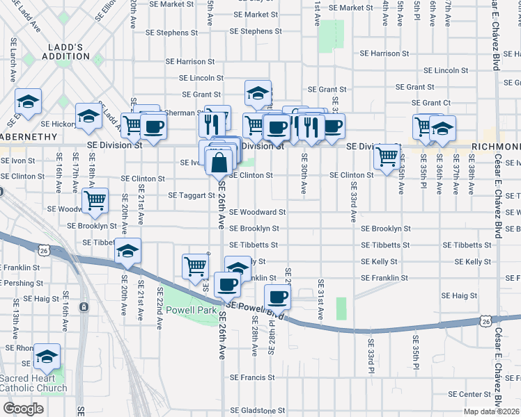 map of restaurants, bars, coffee shops, grocery stores, and more near 2815 Southeast 28th Place in Portland
