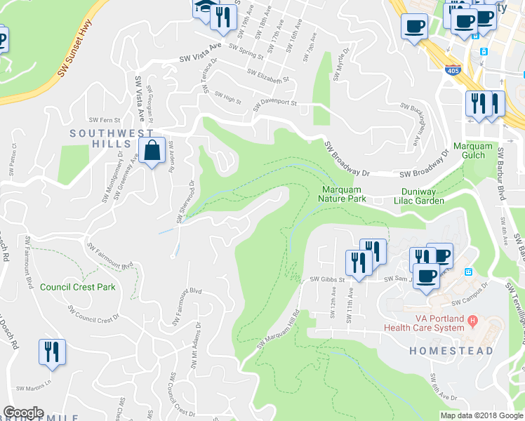 map of restaurants, bars, coffee shops, grocery stores, and more near 2728 Southwest Sherwood Drive in Portland