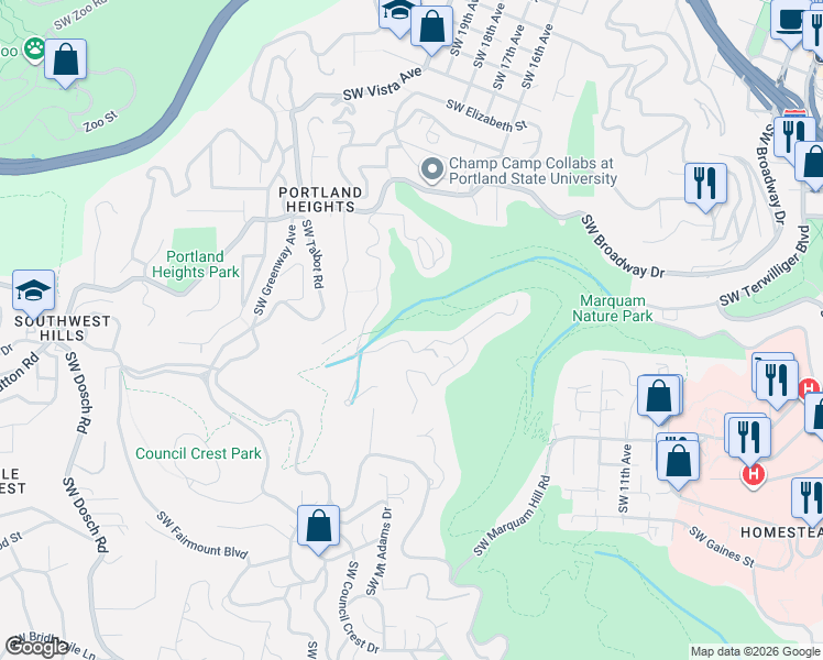 map of restaurants, bars, coffee shops, grocery stores, and more near 2610 Southwest Sherwood Drive in Portland