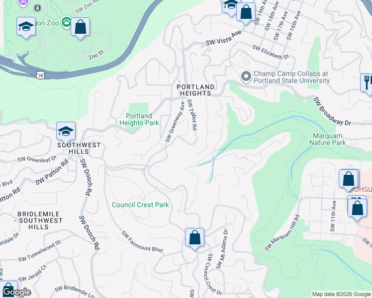 map of restaurants, bars, coffee shops, grocery stores, and more near 2700 Southwest Talbot Road in Portland
