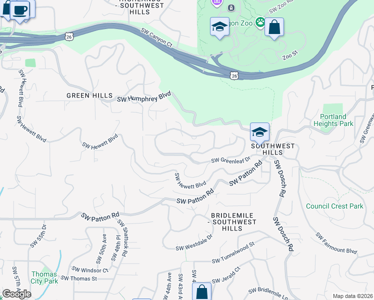 map of restaurants, bars, coffee shops, grocery stores, and more near 4237 Southwest Arthur Way in Portland