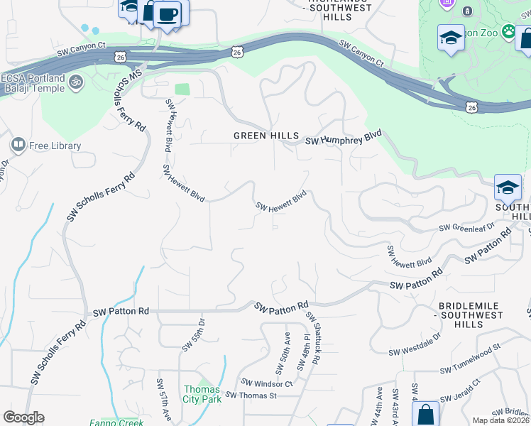 map of restaurants, bars, coffee shops, grocery stores, and more near 5000 Southwest Hewett Boulevard in Portland