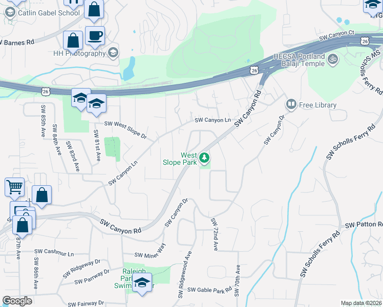 map of restaurants, bars, coffee shops, grocery stores, and more near 7270 Southwest Benz Park Drive in Portland