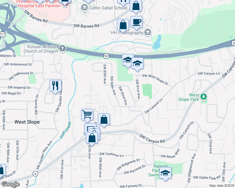 map of restaurants, bars, coffee shops, grocery stores, and more near 2375 Southwest 83rd Avenue in Portland
