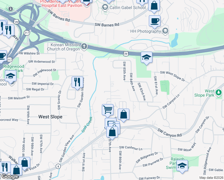 map of restaurants, bars, coffee shops, grocery stores, and more near 2390 Southwest 87th Avenue in Portland