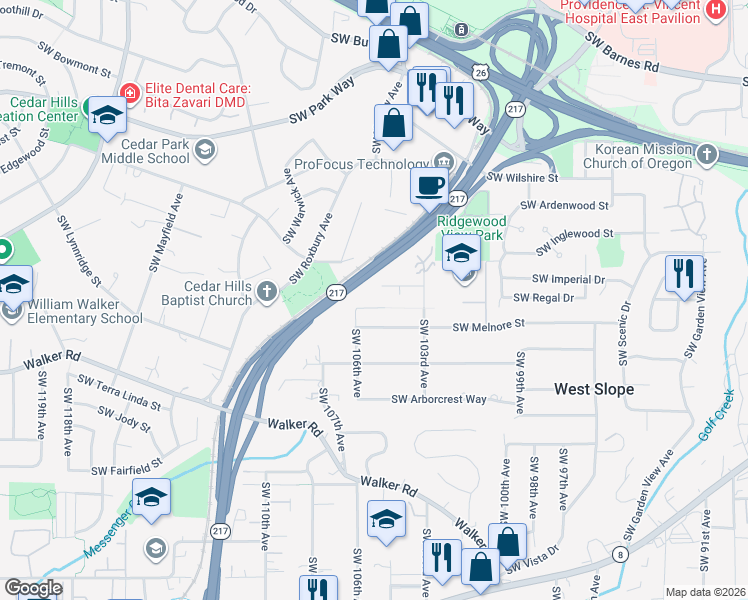 map of restaurants, bars, coffee shops, grocery stores, and more near 10545 Southwest Woods Street in Portland