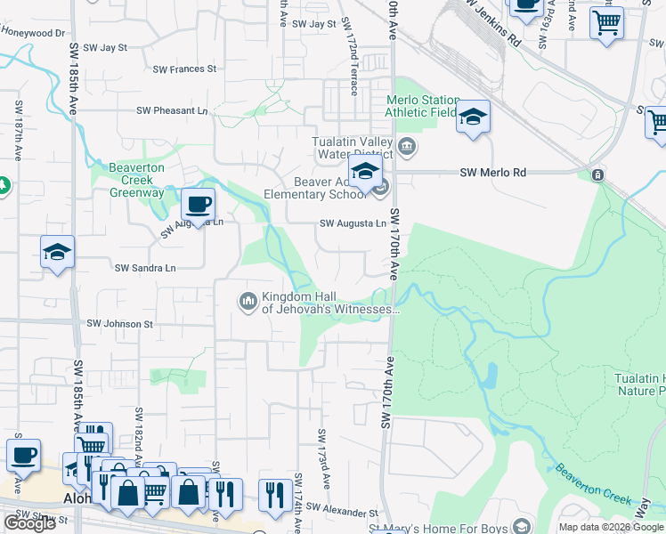 map of restaurants, bars, coffee shops, grocery stores, and more near 2400 Southwest 172nd Court in Beaverton