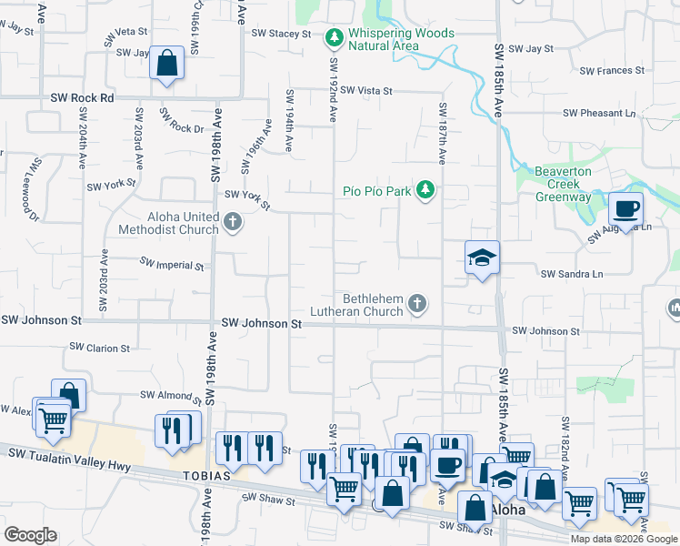 map of restaurants, bars, coffee shops, grocery stores, and more near 2395 Southwest 192nd Avenue in Aloha