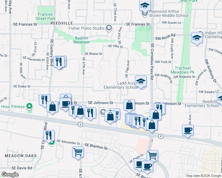 map of restaurants, bars, coffee shops, grocery stores, and more near 7205 Southeast Drake Street in Hillsboro