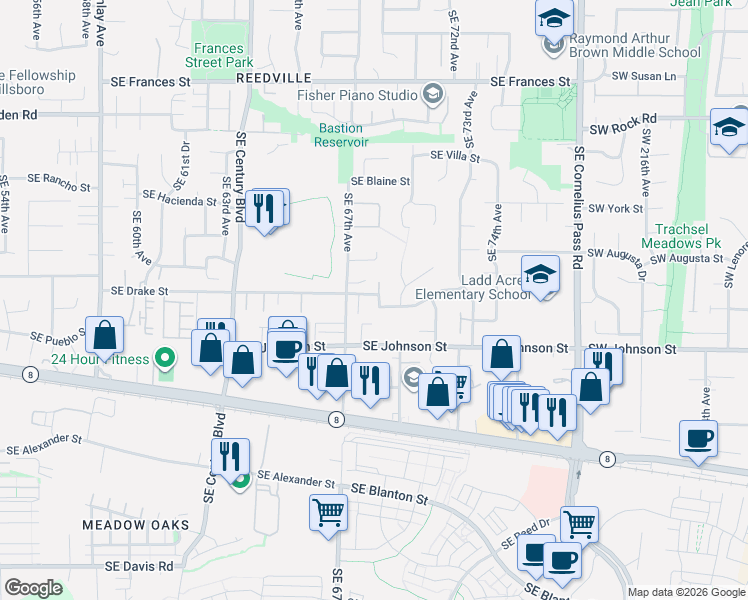 map of restaurants, bars, coffee shops, grocery stores, and more near 6793 Southeast Drake Street in Hillsboro