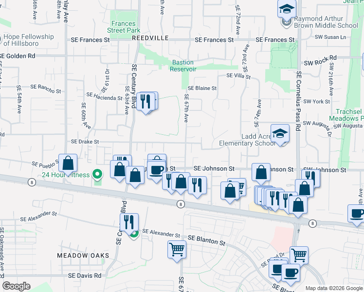 map of restaurants, bars, coffee shops, grocery stores, and more near 2297 Southeast 67th Avenue in Hillsboro