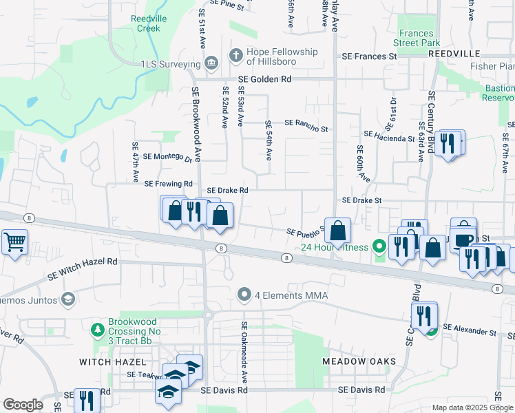 map of restaurants, bars, coffee shops, grocery stores, and more near 2220 Southeast 53rd Avenue in Hillsboro