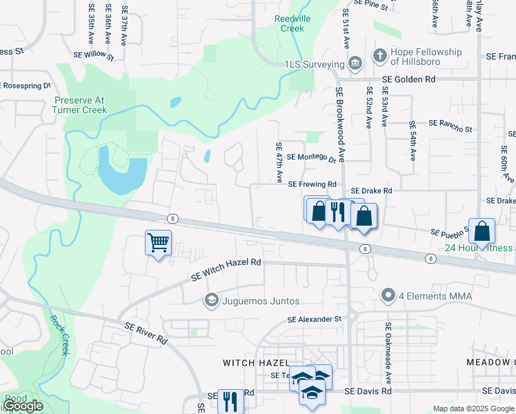 map of restaurants, bars, coffee shops, grocery stores, and more near 2299 Southeast 45th Avenue in Hillsboro